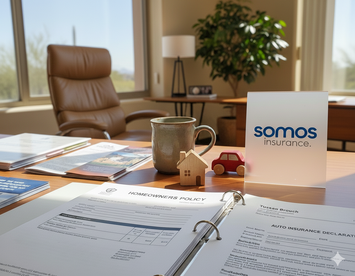 A Somos Insurance desk in Tucson — a homeowners policy and auto declaration, a handmade mug, a little wooden house and toy car.