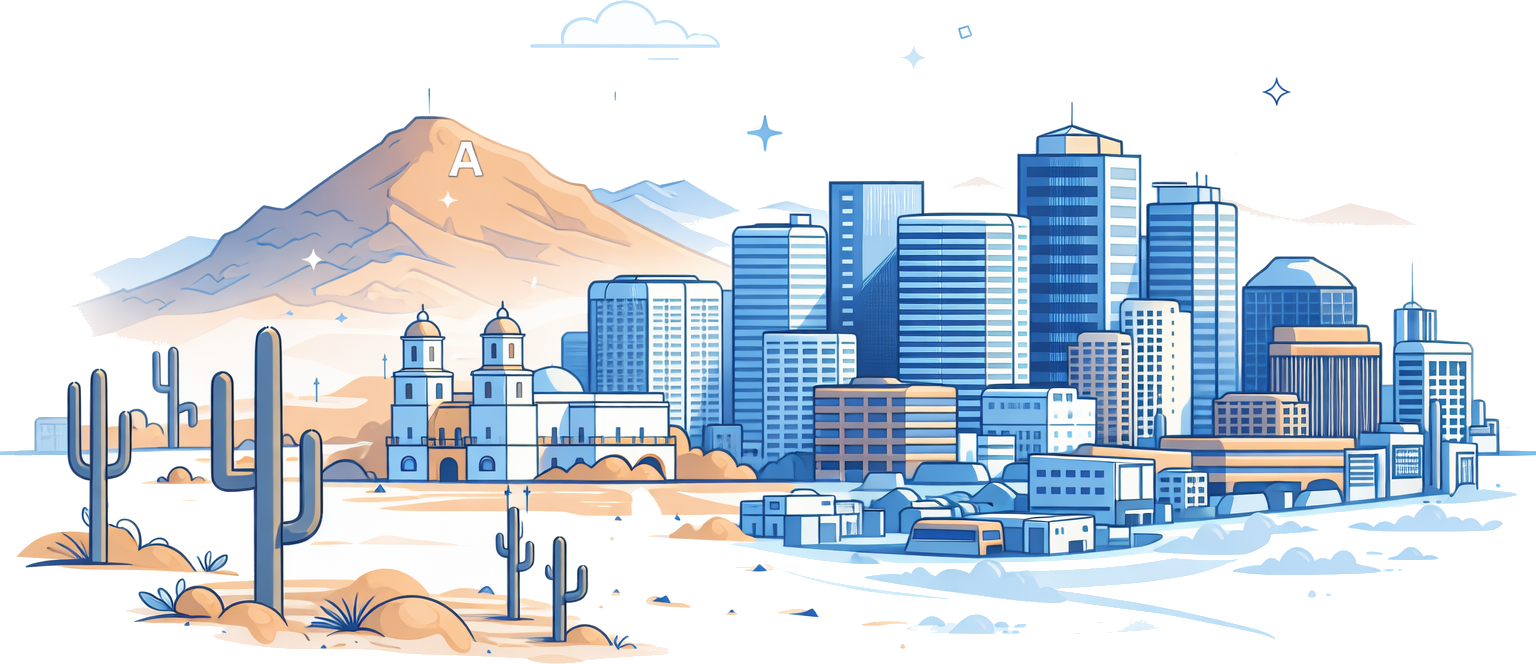 Illustration of Tucson — saguaro cacti, 'A' Mountain, Mission San Xavier del Bac, and the downtown skyline